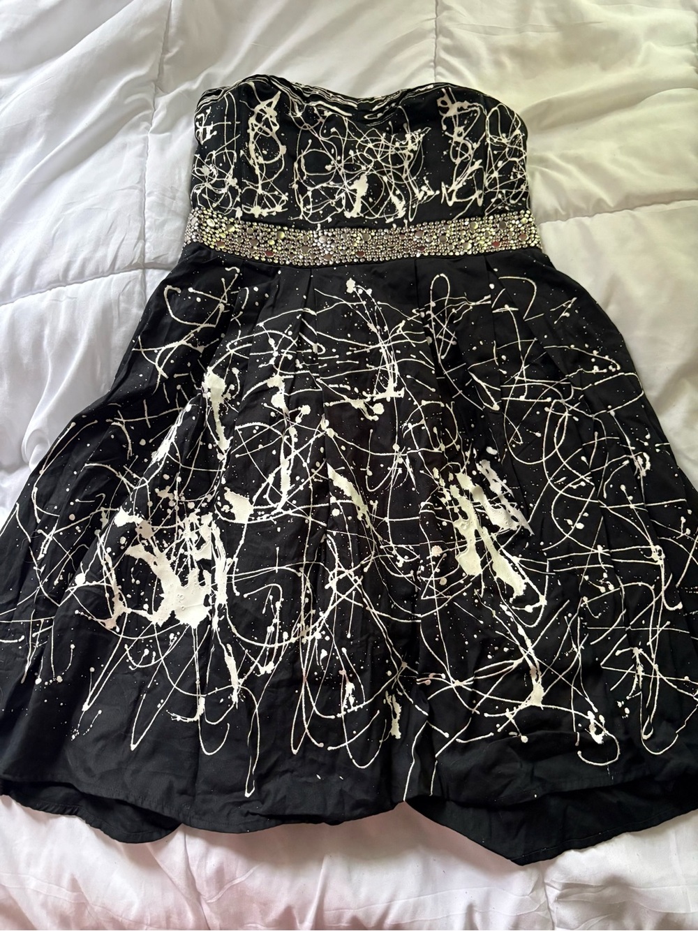 Strapless Black & White Splatter Print Midi Dress with Beaded Waist